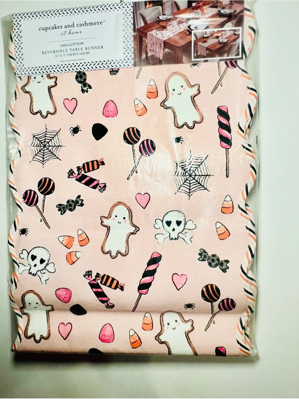 Pink Halloween Creepy Confections Reversible Table Runner Cookies Candy